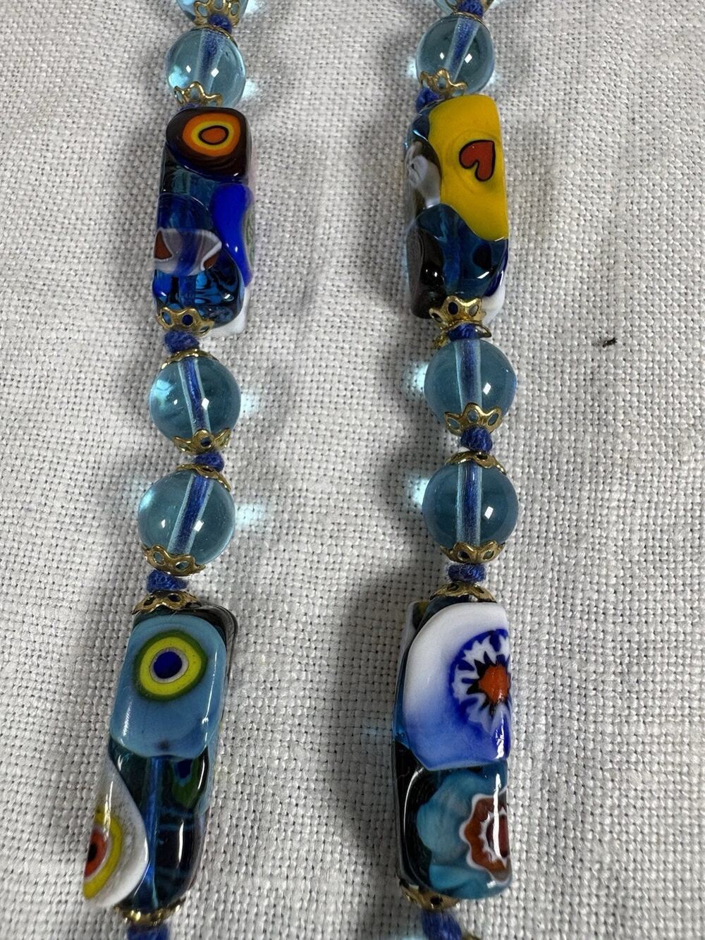 Vintage Murano Millefiori Glass Cylinder Bead Necklace Hand Knotted Blue 26"